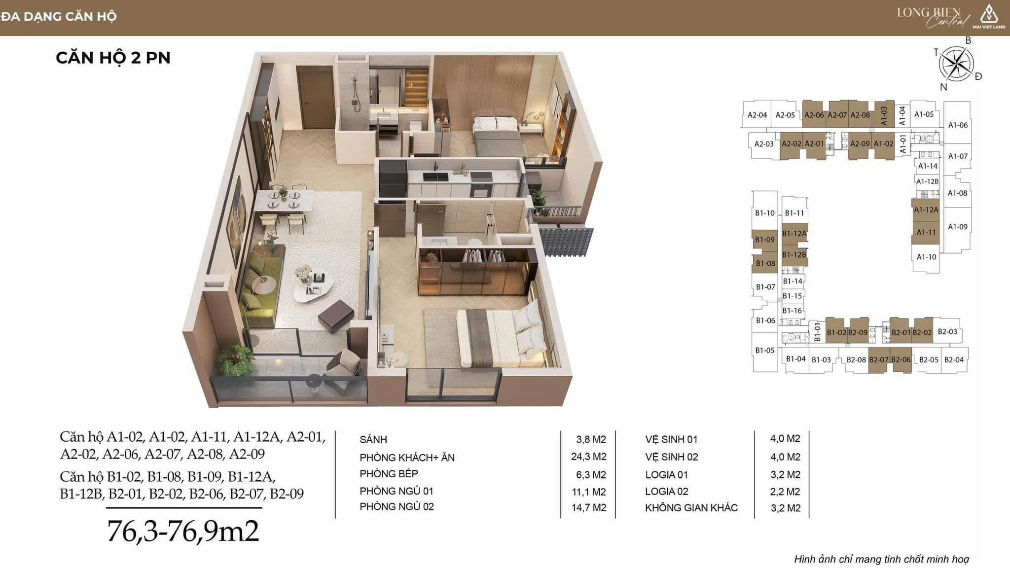 Thiết kế căn hộ 2 phòng ngủ dự án Long Biên Central