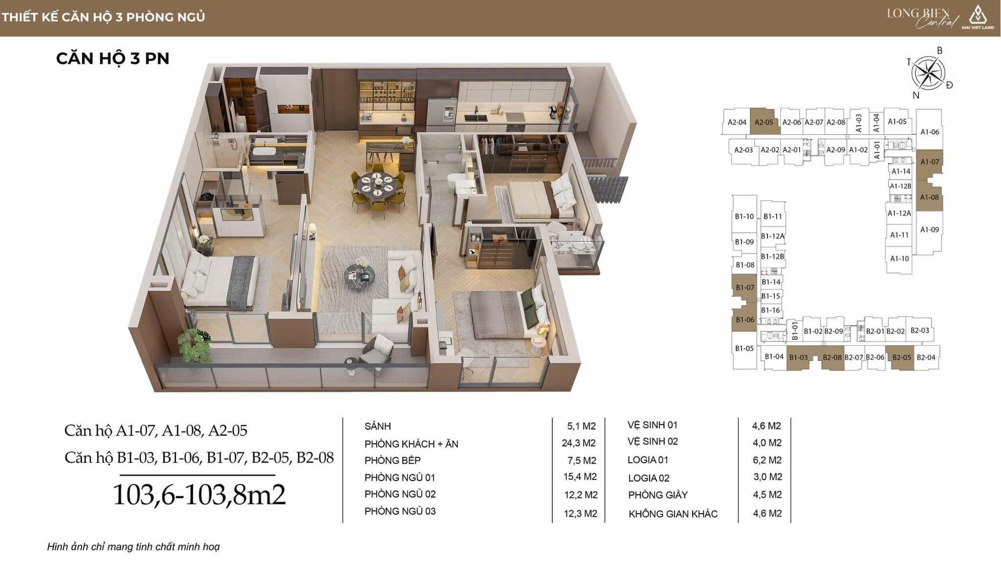 Thiết kế căn hộ 3 phòng ngủ dự án Long Biên Central