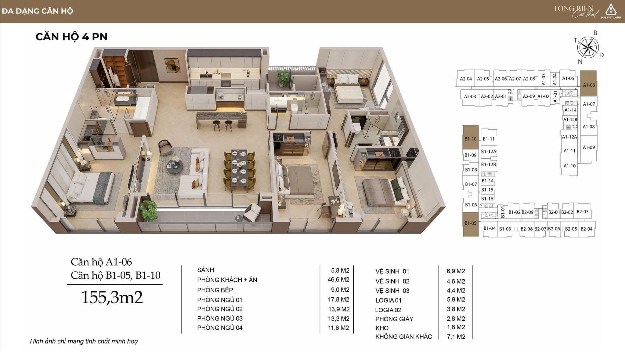 Thiết kế căn hộ 4 phòng ngủ dự án Long Biên Central